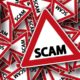 Red warning signs with text "SCAM"